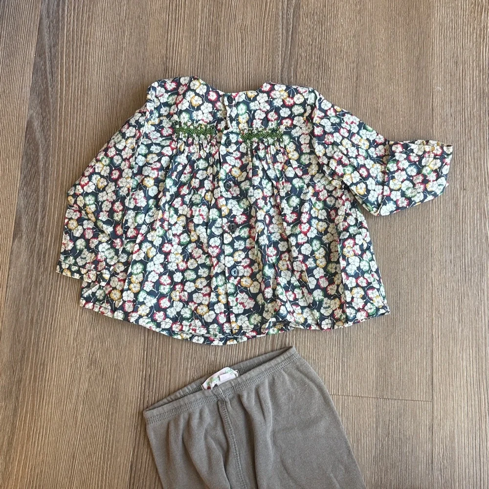 Bonpoint baby girl bundle with floral smocked blouse and khaki leggings 6m